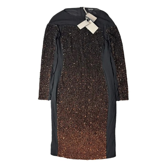 TOM FORD vintage black copper sequin ombré beaded mesh midi dress IT42 US6 NWT - Picture 2 of 15